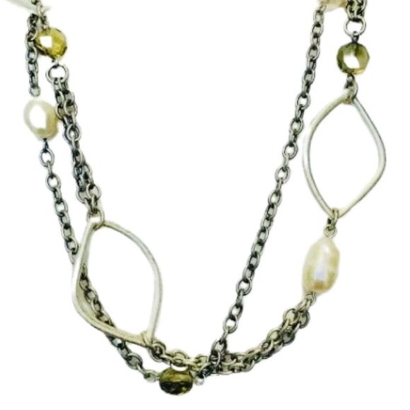 White Pearl Layered Station Necklace 18" Silver Tone Multi-Chain Station - Picture 2 of 10